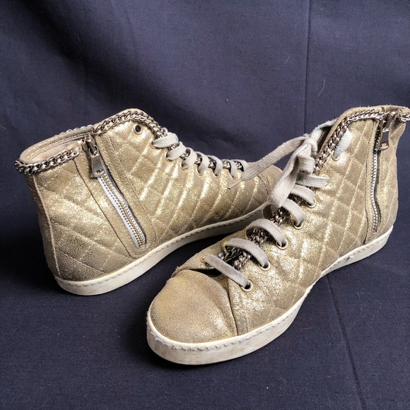 Stokton gold quilted suede chain zipper hi tops - Picture 3 of 5